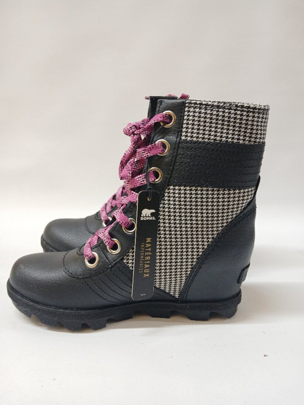 Sorel Lexie Wedge Waterproof Leather Combat Winter Boots Girls 2 Black Pink